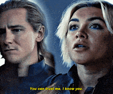 a man and a woman are standing next to each other and the woman says " you can trust me i know you "