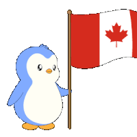 a penguin holding a canadian flag with a maple leaf