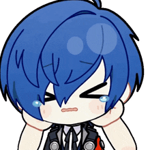a cartoon drawing of a boy with blue hair making a sad face
