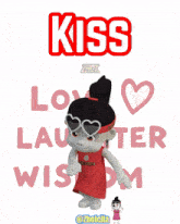 a cartoon girl wearing a headband that says barista is dancing in front of a sign that says kiss love laughter wisdom