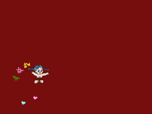 a cartoon drawing of a boy with blue hair and hearts surrounding him with a red background
