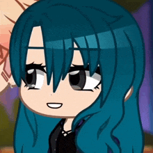 a cartoon girl with blue hair is smiling