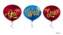 three balloons with the words get well soon on them