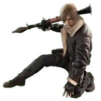 a man in a leather jacket is kneeling down and holding a rocket launcher