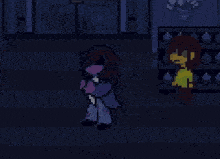 a pixel art drawing of a person standing in front of a white object .
