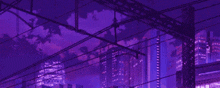 a city skyline with purple lights and a purple sky .