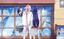 a couple of anime girls are standing in front of a window looking out .