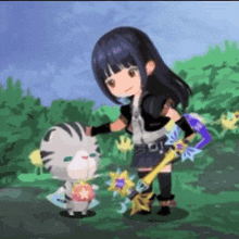 a girl is holding a sword and standing next to a zebra in a video game .
