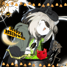 a picture of a witch with a cauldron and the words happy halloween on the bottom