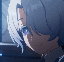 a close up of a anime character with blue eyes