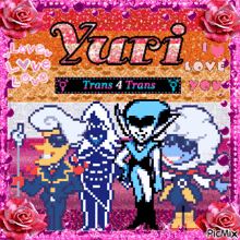 a pixel art of a man and a woman with the word yuri in the middle