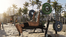 a man lifting a barbell on a bench that says gainz on it