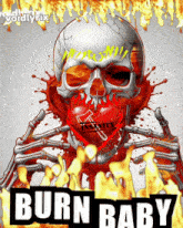 a poster of a skull with a red heart and the words burn baby