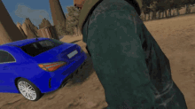 a blue car with a tiger head on the roof