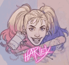 a drawing of harley quinn with a baseball bat