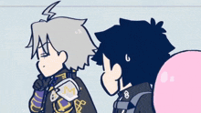 a group of anime characters are standing next to each other and one of them has a sword on his back