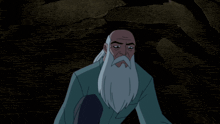 a cartoon character with a long white beard is standing in a dark cave