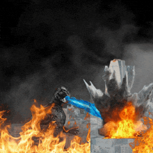 a monster with a sword in its mouth is surrounded by flames