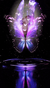 a woman is surrounded by purple butterflies and a reflection of her face