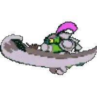 a pixel art drawing of a cartoon character with a pink hat