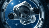 a panda bear in a space suit is floating through the air