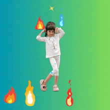 a little girl stands in front of a green and blue background with flames and stars