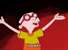 a cartoon character says hooray with his arms wide open