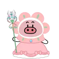a cartoon pig in a pink flower costume holds a wand
