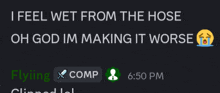 a screenshot of a message that says " i feel wet from the hose "