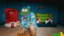 a man wearing a frog hat with the number 00 on his head