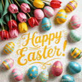 a happy easter greeting card with colorful easter eggs and flowers