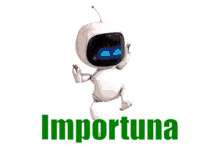 a white robot with blue eyes is dancing in front of the word importuna