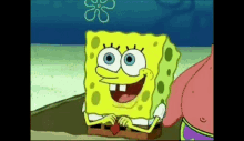 spongebob squarepants is smiling while sitting on the beach with patrick star .