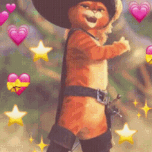 a cat wearing a hat and boots is surrounded by stars and hearts