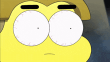 a close up of a cartoon character 's face with white eyes and black eyebrows