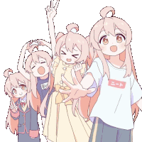 a drawing of three anime girls with one wearing a shirt that says ' n-t ' on it