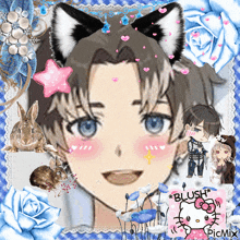 a picture of a boy with cat ears has a hello kitty sticker on it