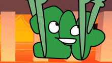 a cartoon drawing of a green object with a face