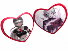 a heart shaped mirror has a picture of a girl and a picture of a boy