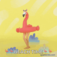 a flamingo float with the words beach time on the bottom right