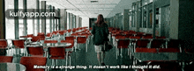 a woman is walking down a hallway with tables and chairs and a quote about memory