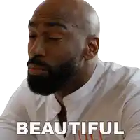 a bald man with a beard and the word beautiful on his face