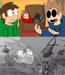 a cartoon of two boys talking next to a black and white image of a helicopter