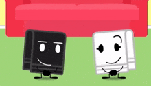 two cartoon characters are standing next to each other in front of a couch .