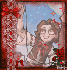 a picture of a cartoon character with hearts and roses says picmix at the bottom