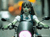 a doll with green hair is riding a motorcycle with the words minimax on the bottom right