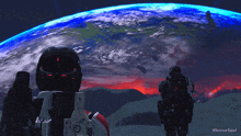 an illustration of two astronauts standing in front of a blue planet