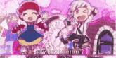 a couple of anime characters are standing next to each other in front of a clock and a building .