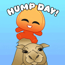 a hump day greeting card with a cartoon character on a camel 's head