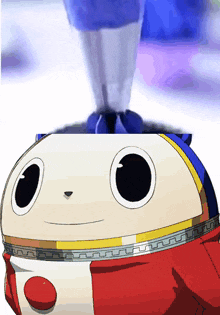 a cartoon character with big eyes and a red and white coat